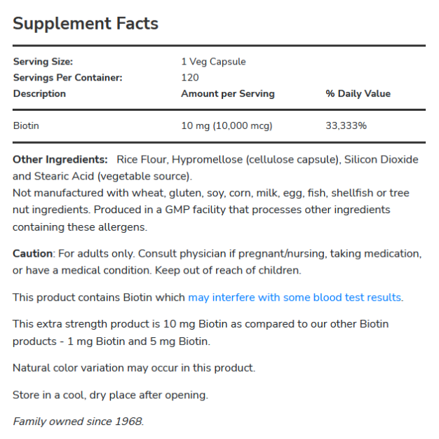 Biotin 10 mg (10,000 mcg), Extra Strength 120 Veg Capsules